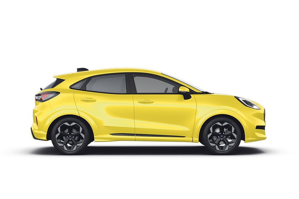 Ein gelber Puma Gen-E aus der Reihe der Ford Kleinwagen.