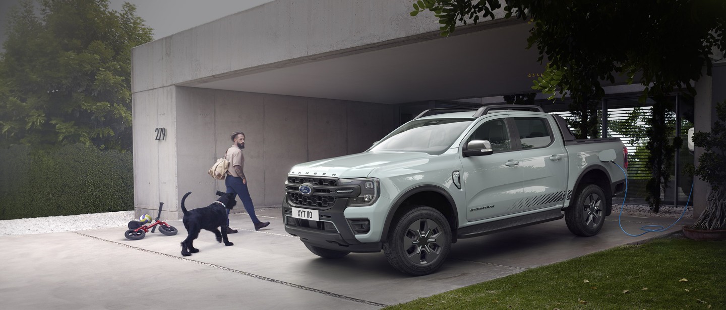 Grey Ford Renger PHEV in a garage